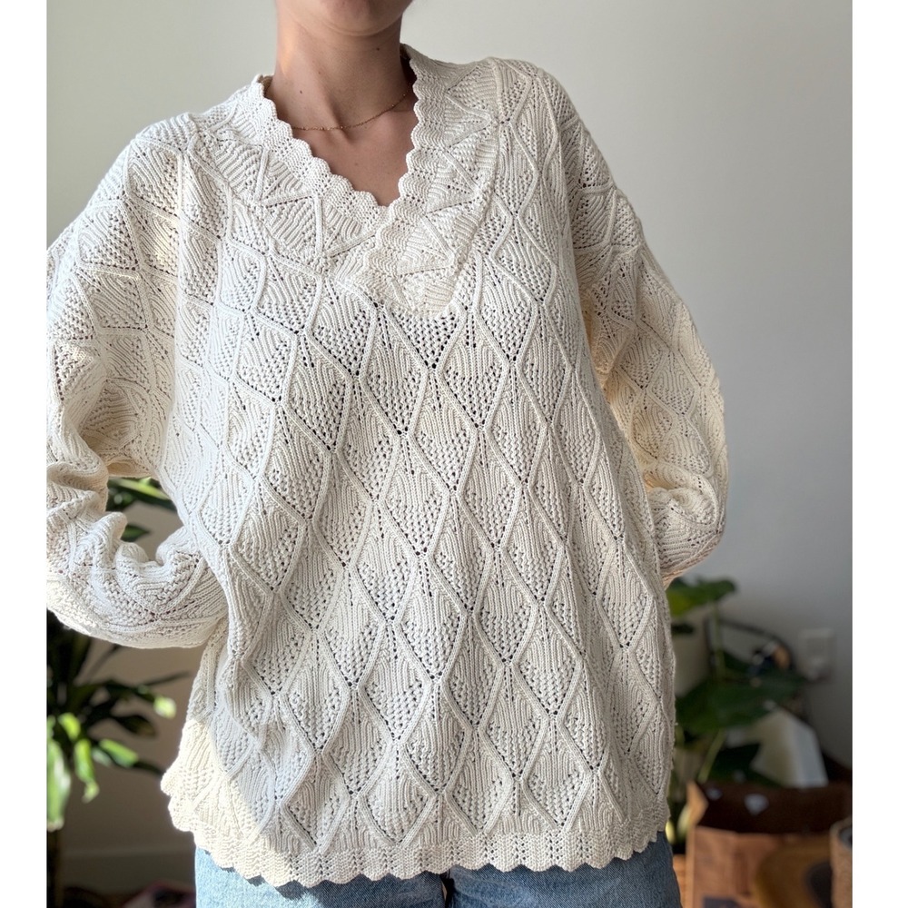 Vintage Across America Knit Maven Ivory Diamond Pointelle Cotton Sweater Large